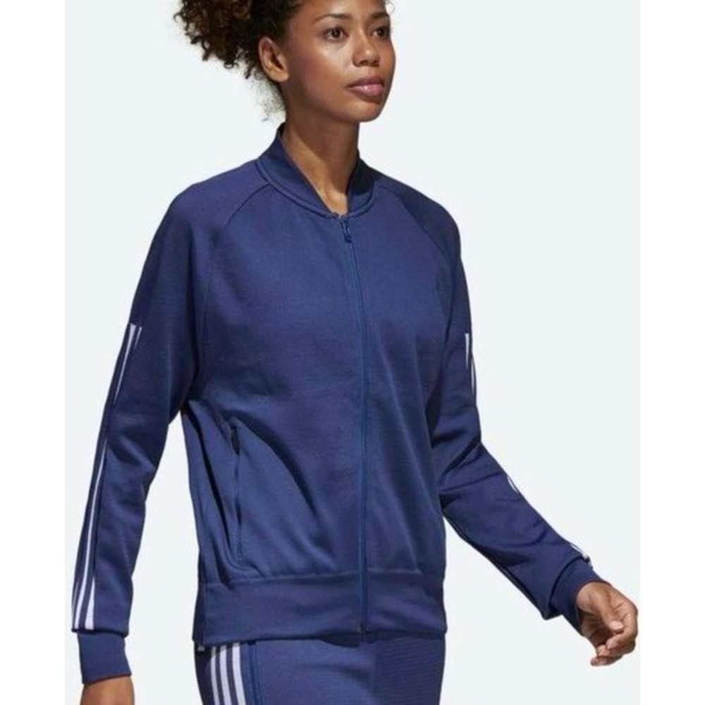 Adidas ID Knit Noble Indigo Bomber Varsity Jacket Womens small Blue White